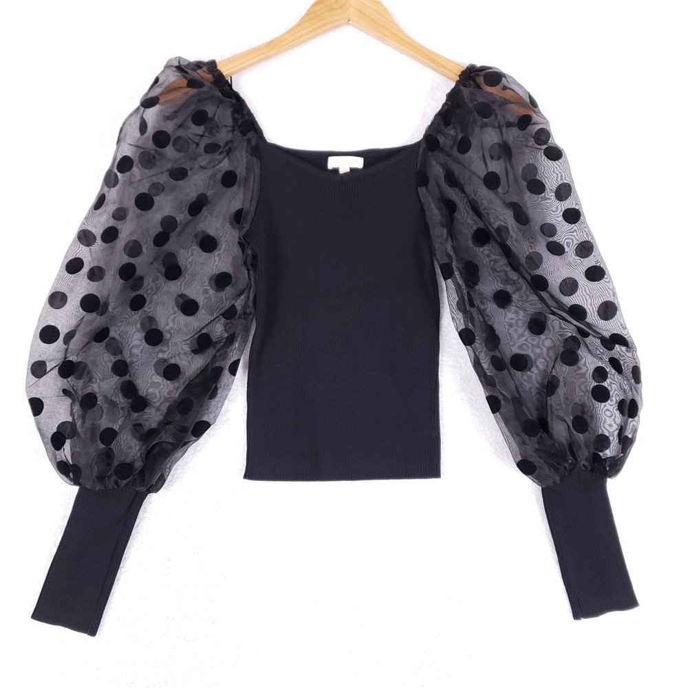 Flying Tomato Blouse Womens Small Black Ribbed Puff Sleeve Polka Dot Coquette